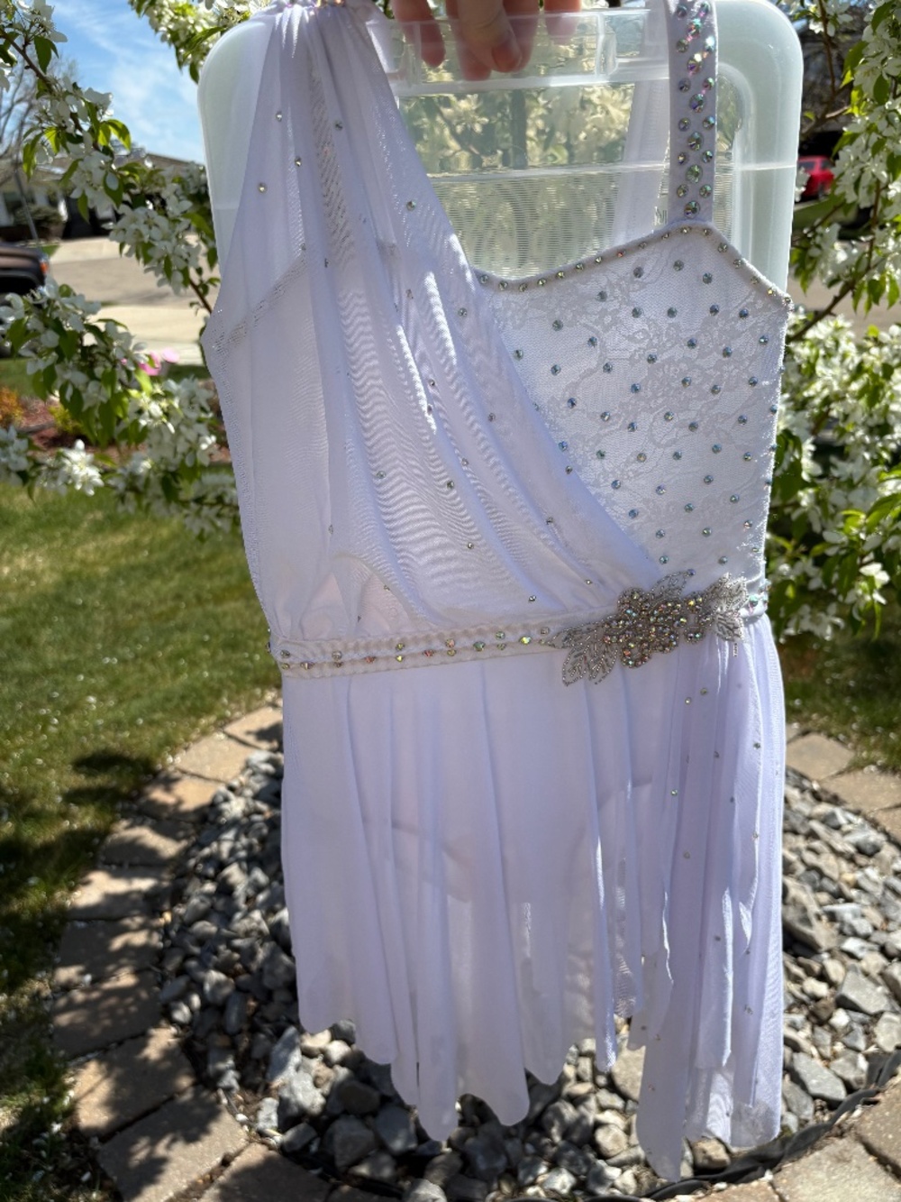White lyrical costume with added rhinestones, Child Medium